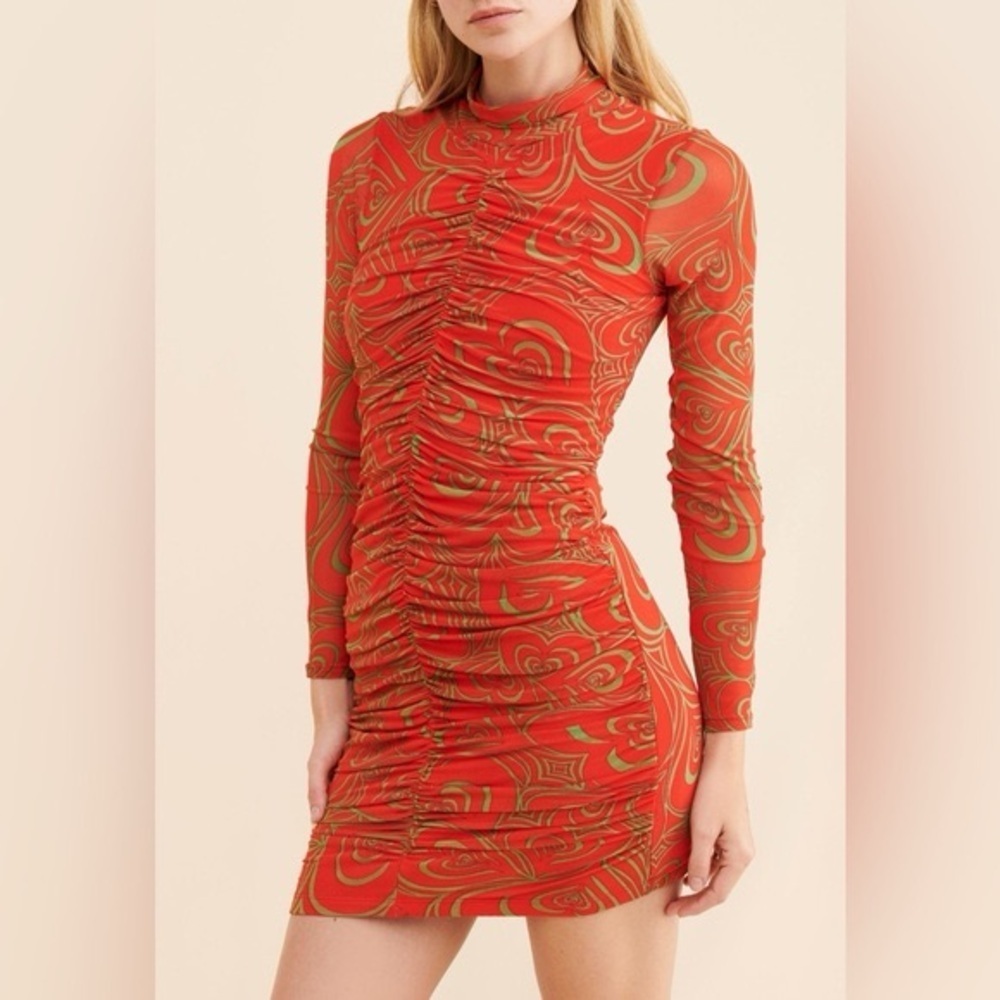 Lisa Says Gah Ruched Long Sleeve Heart Print Mini Dress Size L NWT